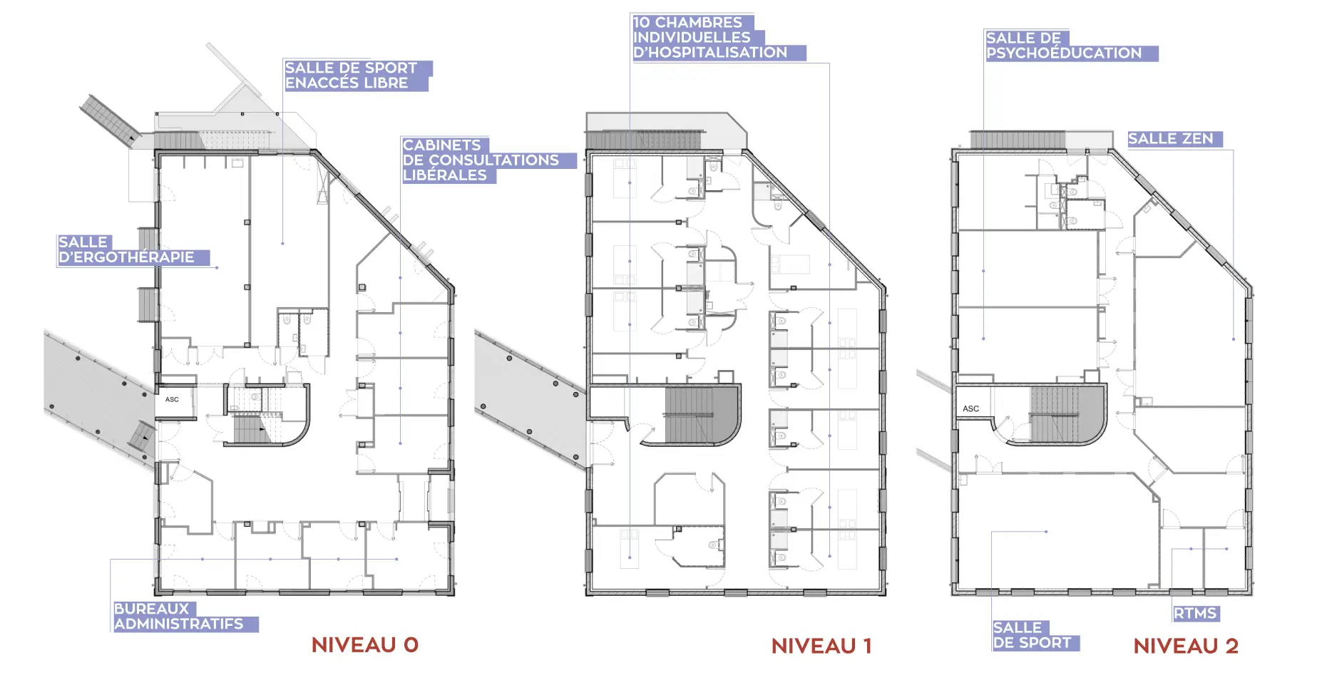 Plan architectural du niveau 0 du nouveau bâtiment : bureaux administratifs, salle d'ergothérapie, salle de sport
